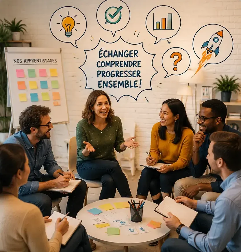 Un groupe échange en cercle autour de notes colorées : « Échanger, comprendre, progresser ensemble ! »