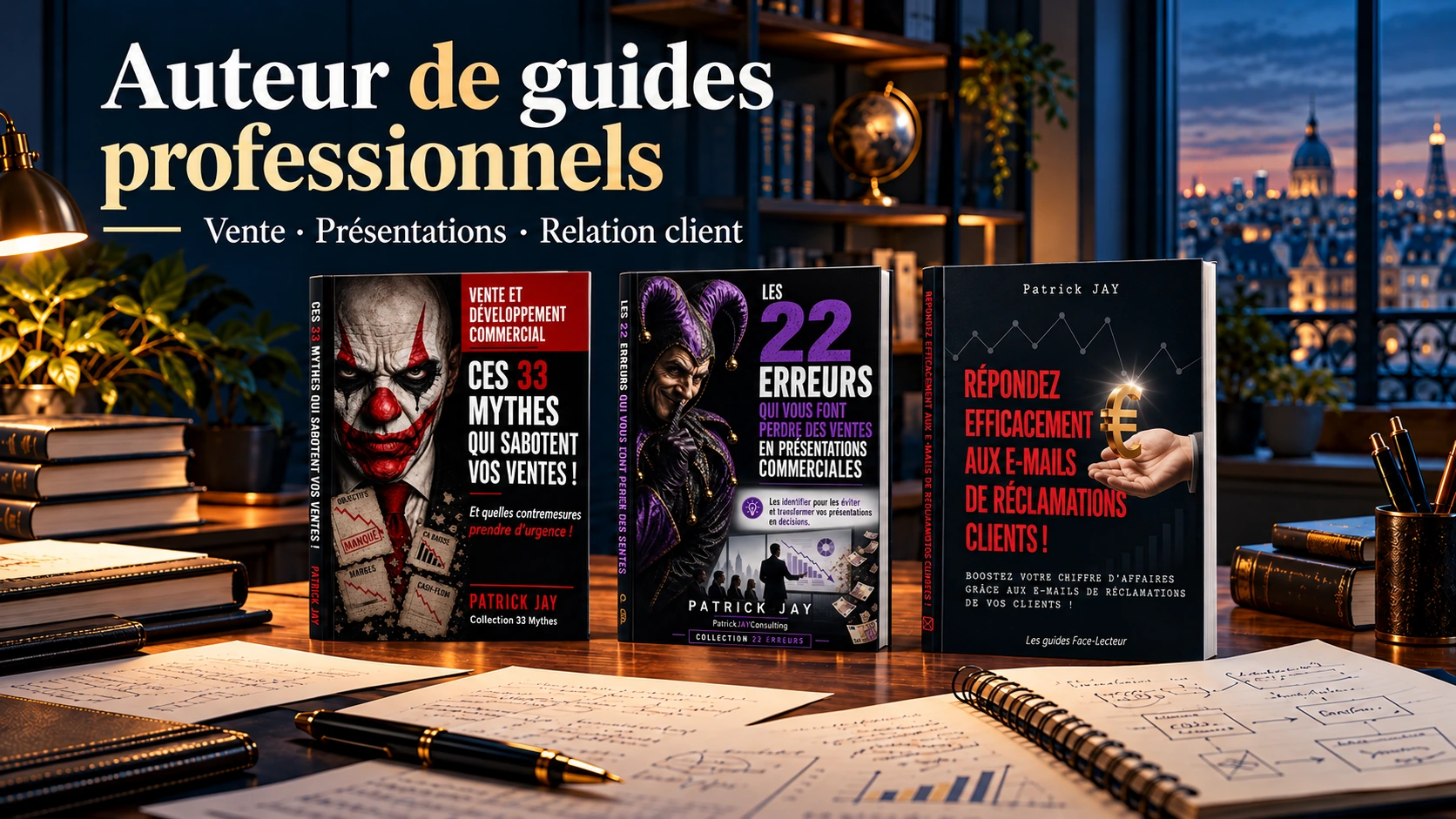 Auteur de guides professionnels : trois guides sur la vente, les présentations commerciales et les e-mails de réclamations clients, posés sur un bureau