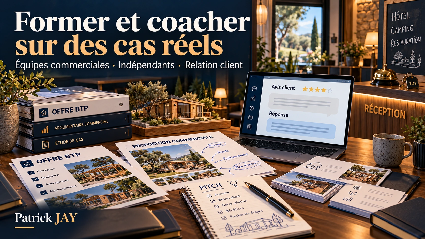 Former et coacher sur des cas réels : offre BTP, argumentaire commercial, proposition, pitch et réponse à un avis client sur un ordinateur portable
