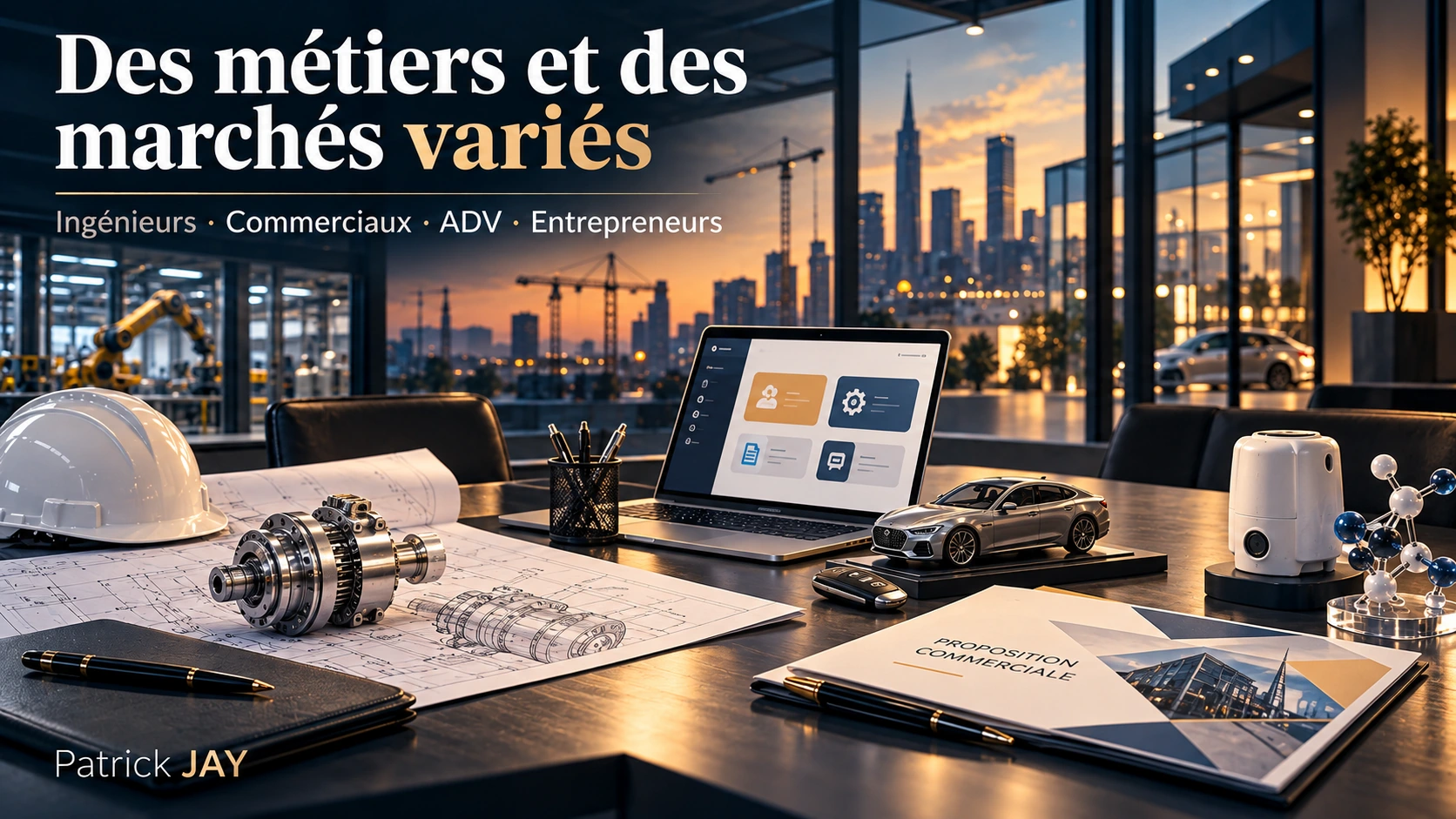 Des métiers et des marchés variés : ingénieurs, commerciaux, ADV et entrepreneurs autour de plans techniques, d’un casque de chantier et d’une proposition commerciale