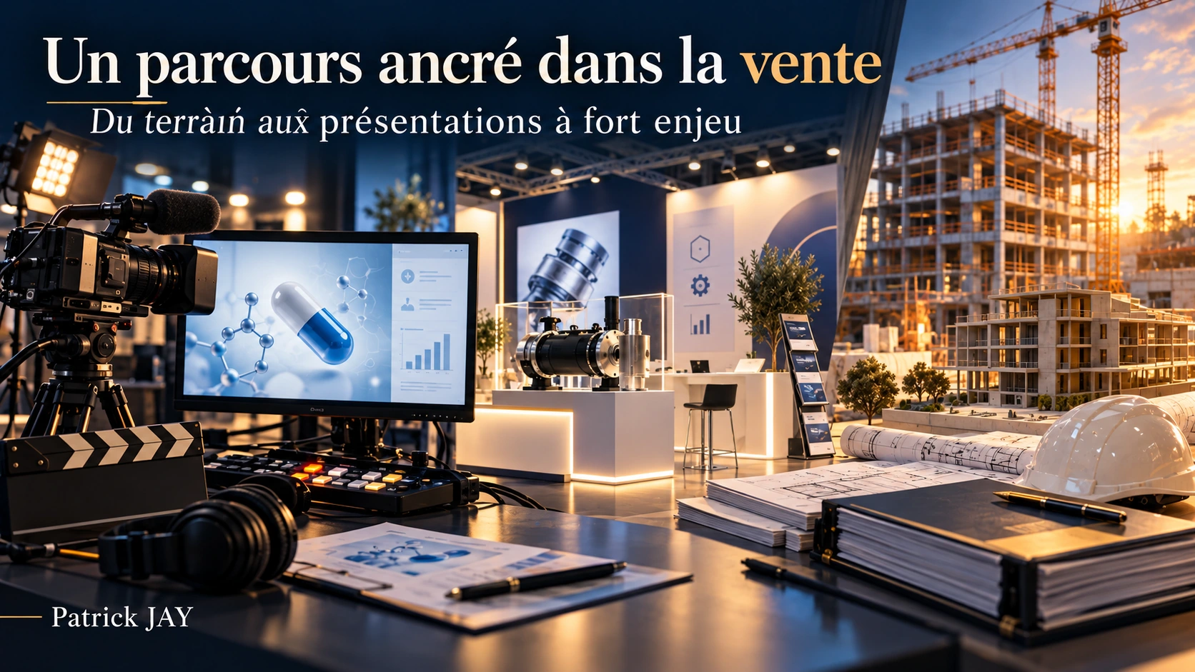 Un parcours ancré dans la vente : un plateau de tournage audiovisuel, un stand de salon avec une présentation produit et un chantier BTP au coucher du soleil