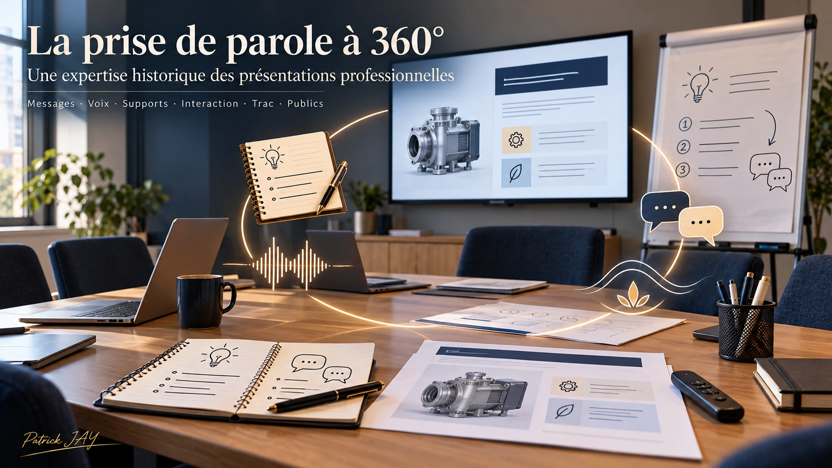 La prise de parole à 360° : messages, voix, supports, interaction, trac et publics, autour d’une table de réunion avec écran, carnet et paperboard