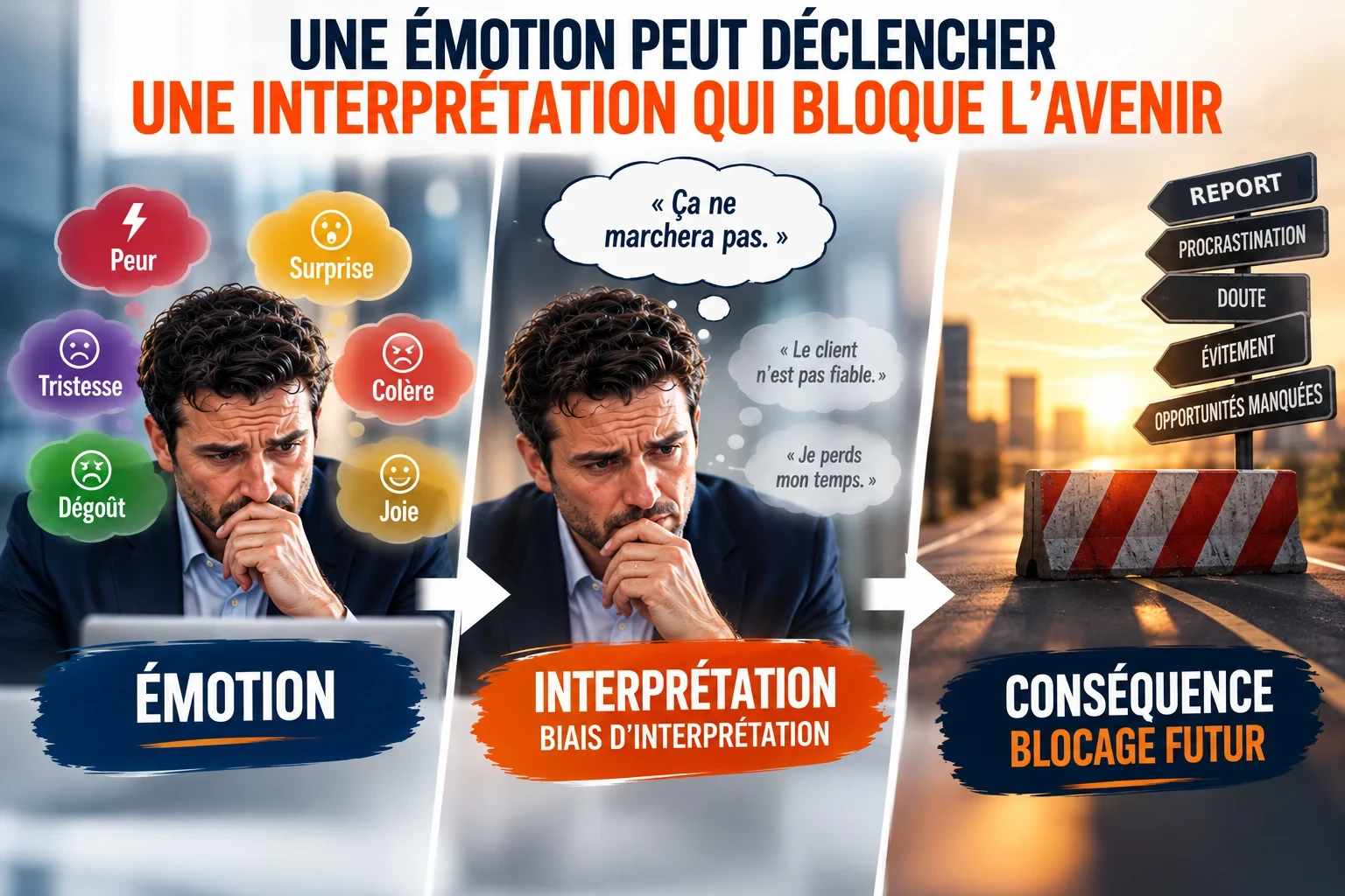 Schéma en trois temps : une émotion (peur, surprise, colère, tristesse, dégoût, joie) déclenche une interprétation (« Ça ne marchera pas », « Le client n’est pas fiable », « Je perds mon temps ») qui conduit à un blocage : pas de relance, procrastination, doute, évitement, opportunités manquées