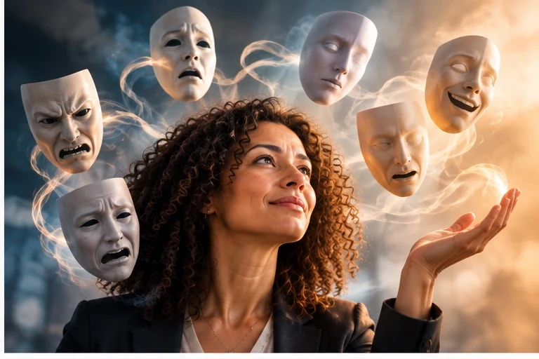 Une commerciale sereine accueille d’une main ouverte des masques exprimant colère, tristesse, surprise et joie