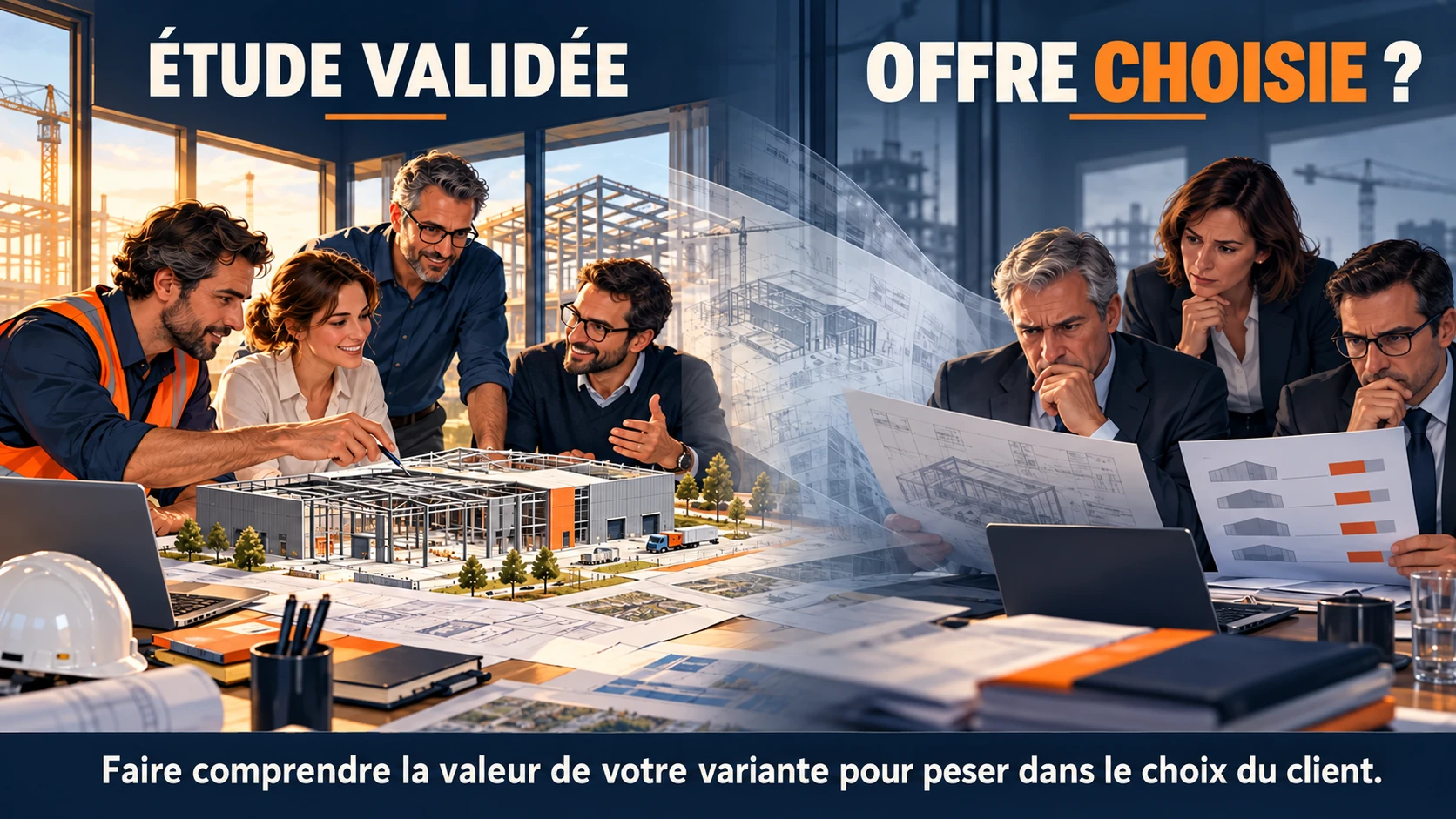 À gauche, l’équipe valide son étude autour d’une maquette ; à droite, les décideurs examinent les offres : l’offre sera-t-elle choisie ?