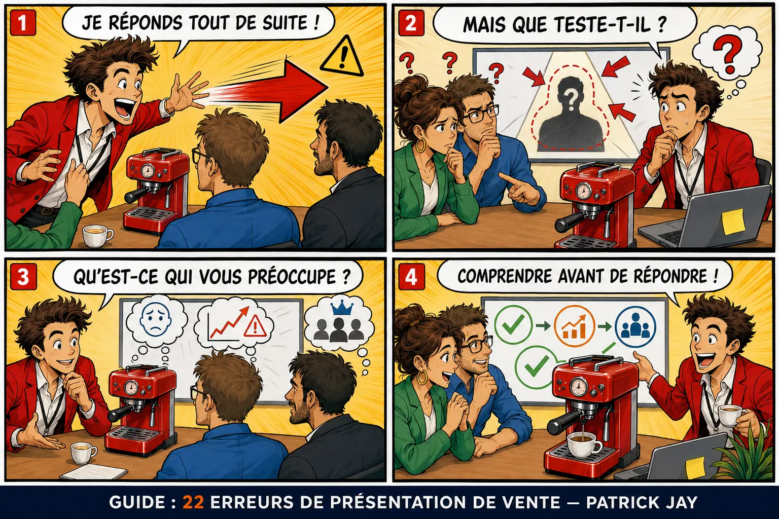 Avant de répondre immédiatement, le présentateur clarifie ce que la question du client cherche à tester