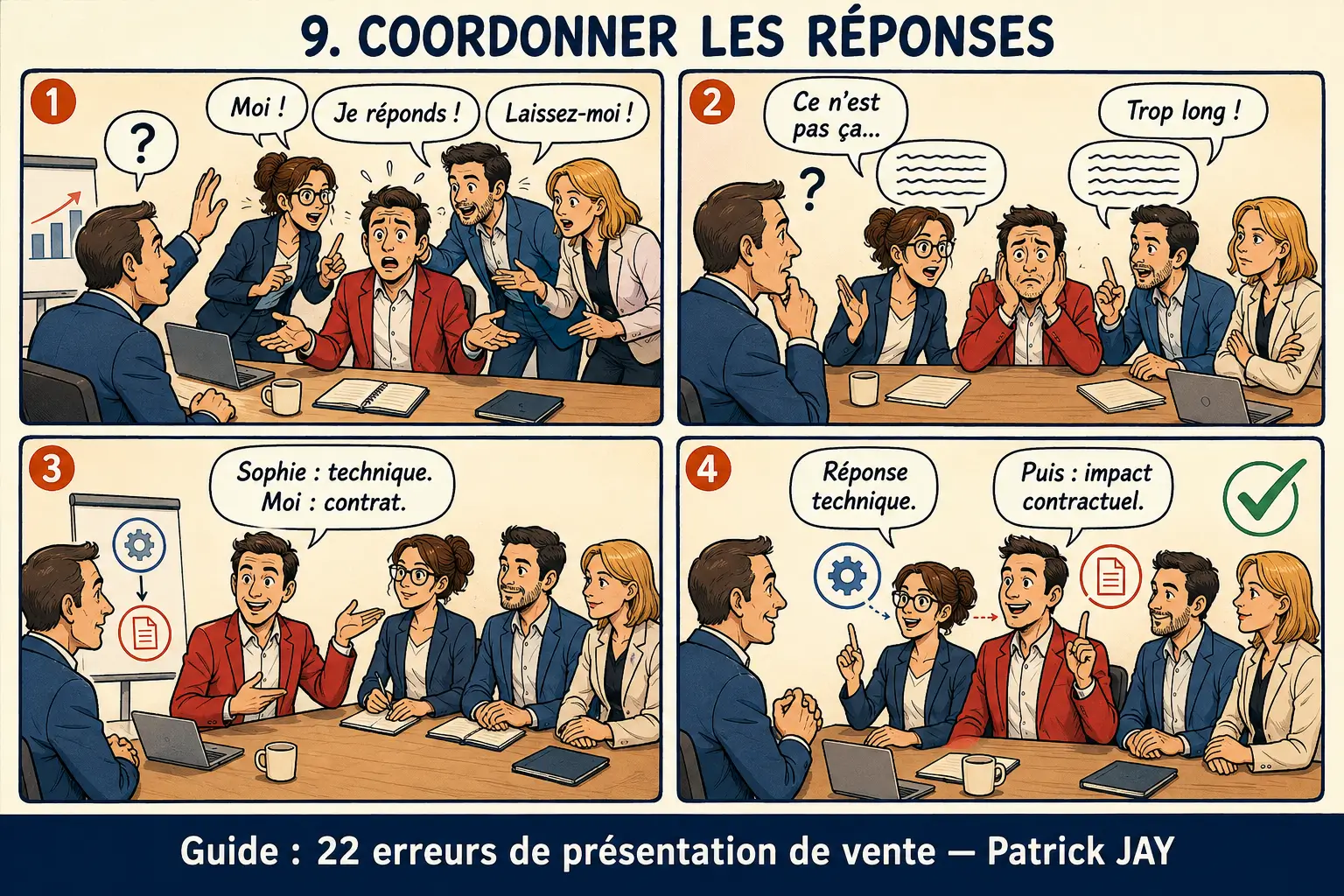 Une question du client déclenche des réponses désordonnées ; l’équipe coordonne ensuite sa réponse
