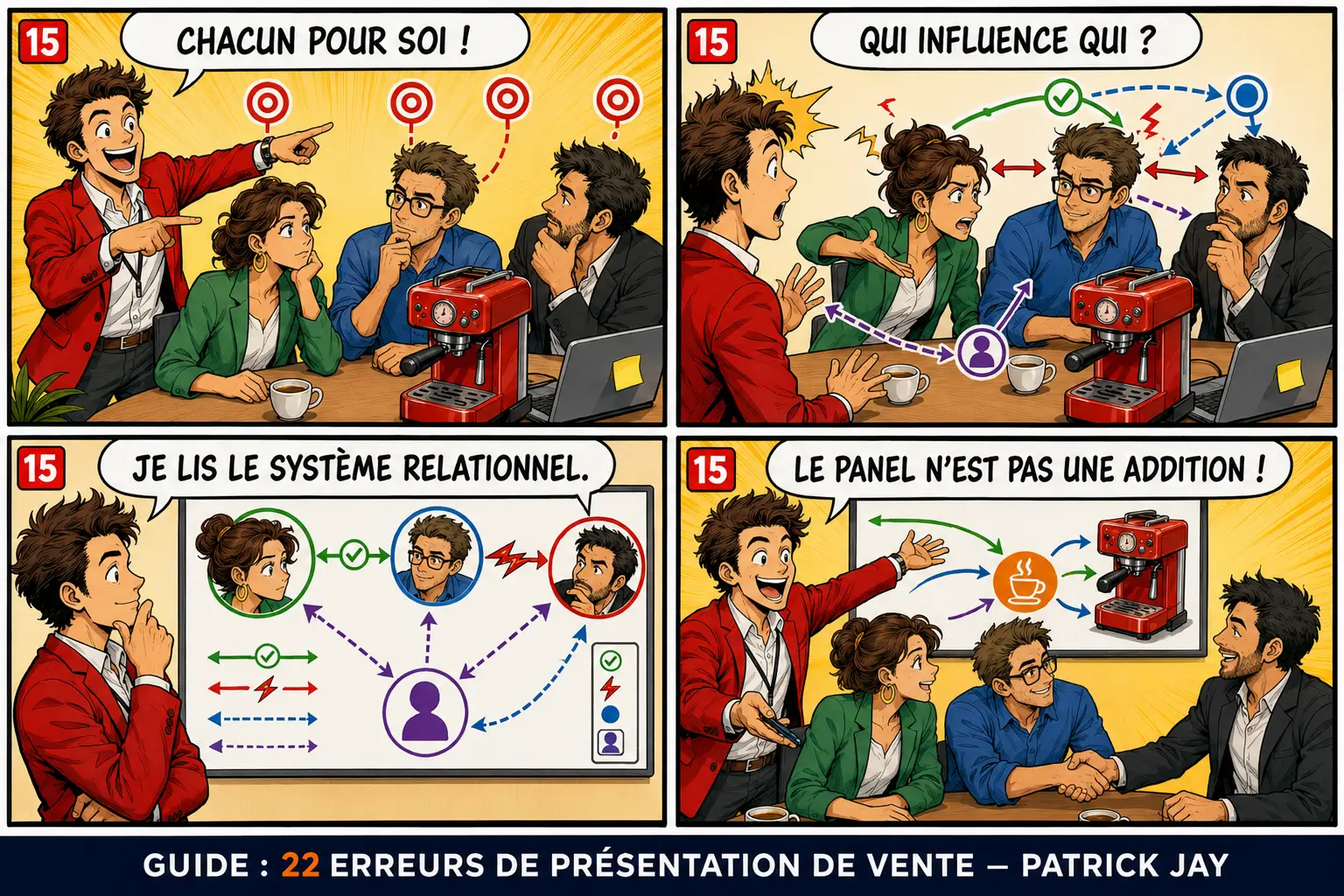 Le vendeur observe non seulement chaque membre du panel, mais aussi les influences et les relations entre eux