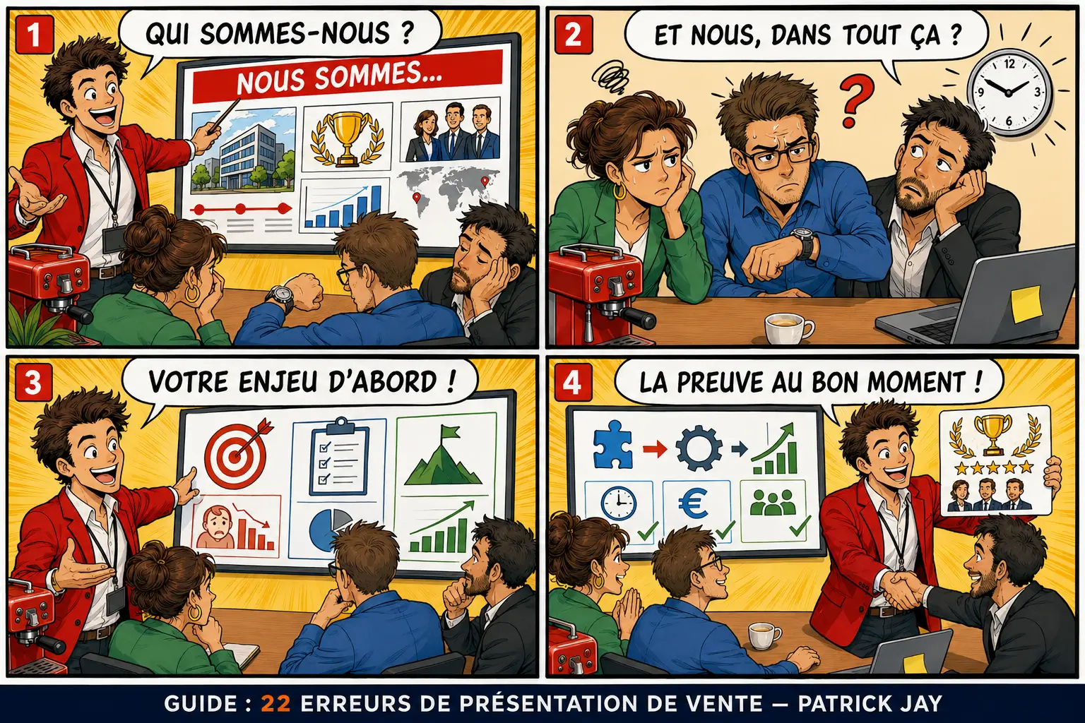 Une équipe commence par parler de son entreprise ; le client attend que son propre enjeu soit traité