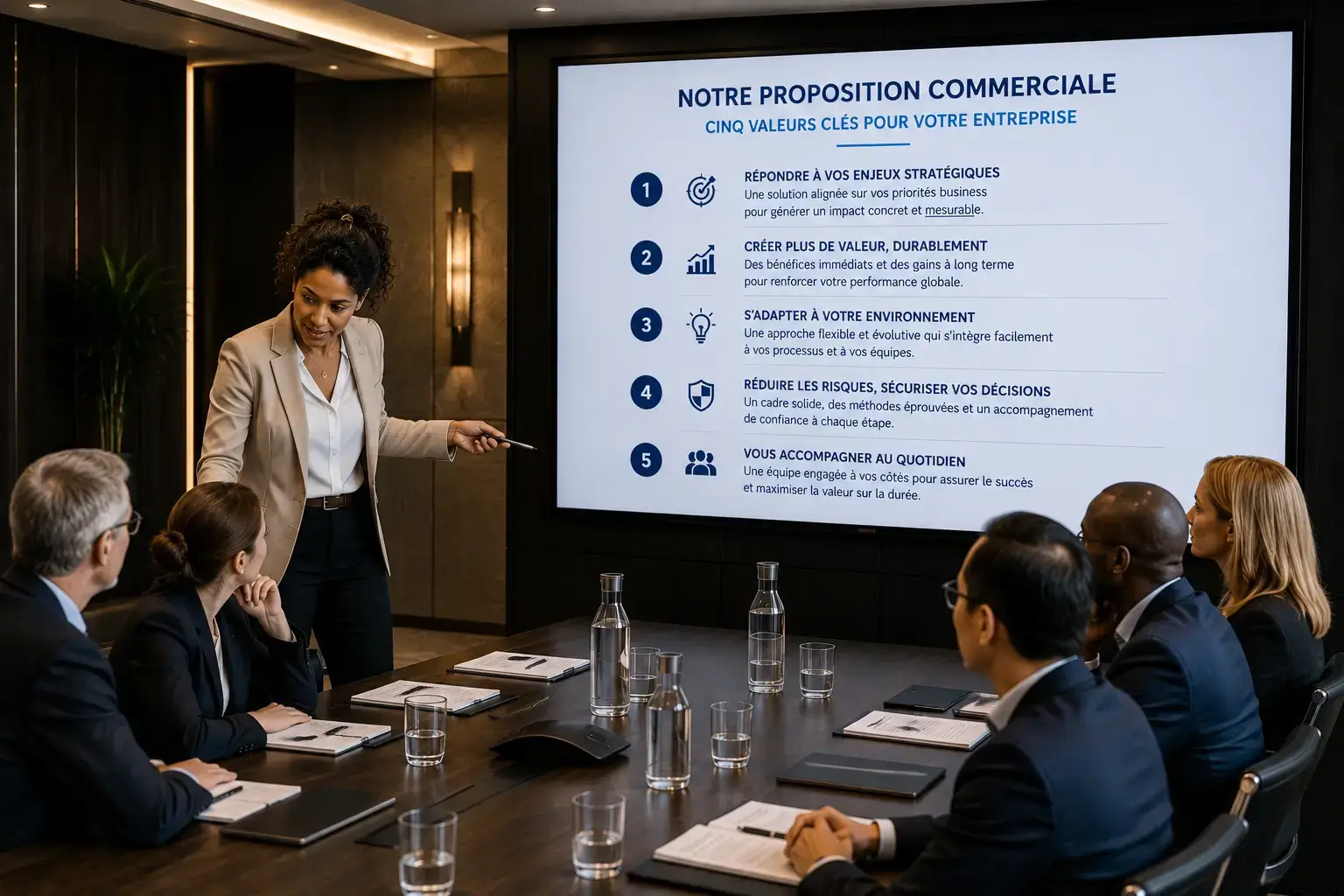 Présentation de gains commerciaux et de création de valeur devant une équipe de décideurs
